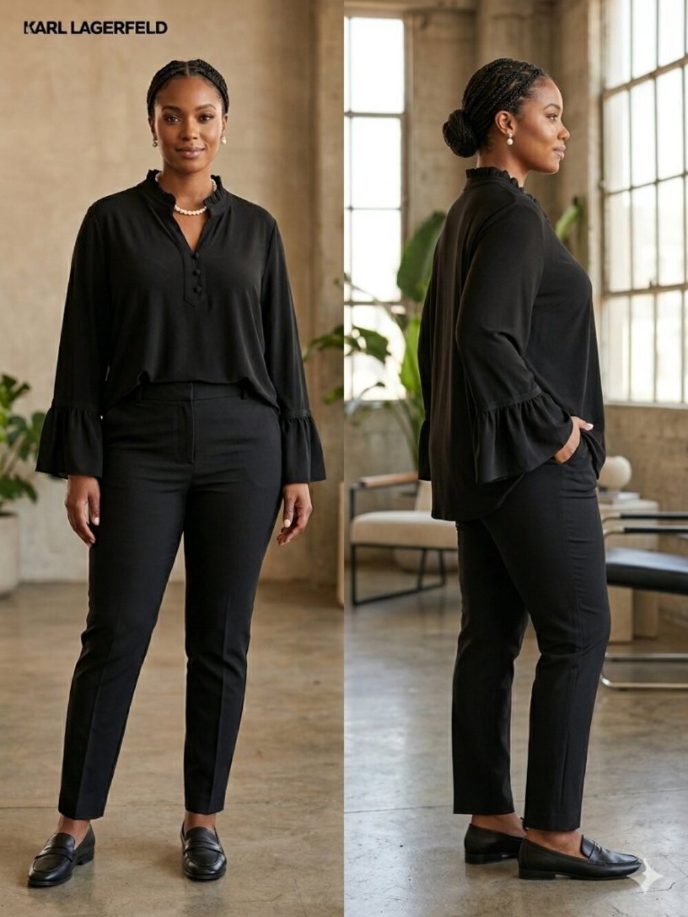 Karl Lagerfeld Paris Black Ruffle Collar Trumpet Sleeves Blouse Size 3XL - Picture 2 of 7